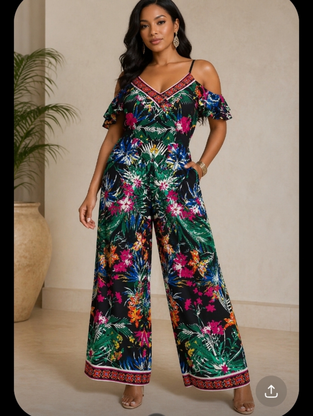 Flying Tomato Tropical Floral Cold Shoulder Jumpsuit Small Boho Wide Leg